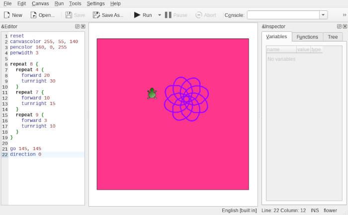 a screenshot of KDE KTurtle with a turtlescript program that draws a flower on a pink background