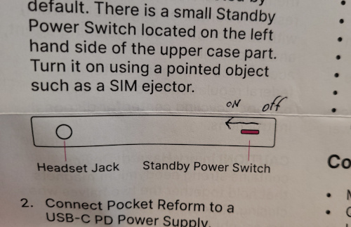 instruction sheet with hand-drawn arrow for standby switch