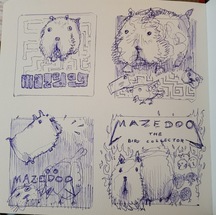 A sketchbook page with four maze dog layouts.
