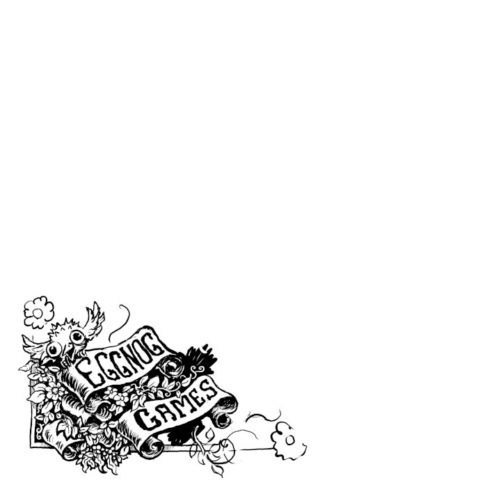 Lower corner is filled in with Eggnog Games in scroll and one bird. There are tons of leaves and vines already.