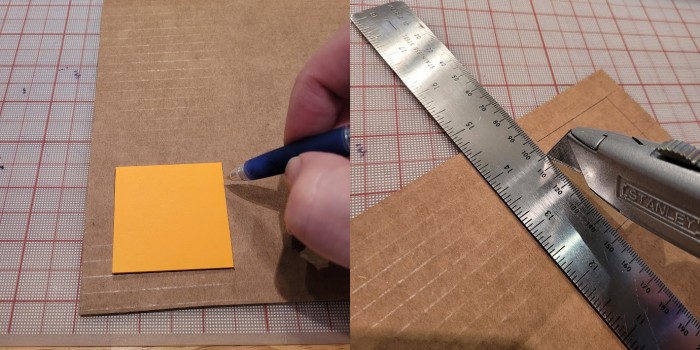 photos of the cardboard being marked and cut