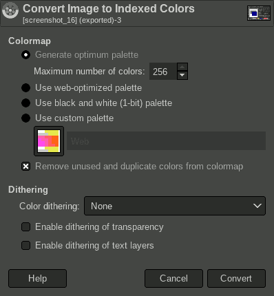 screenshot of the gnu imp convert to indexed colors dialog