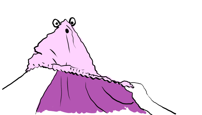 A first-person view of a pair of arms. The right one is holding the elastic along the edge of the sheet. The other is buried in the corner "pocket" - where the sewn mitered edge comes to a triangular point.  The sheet has eyes and a mouth at the corner. It is looking back at the viewer with surprise.