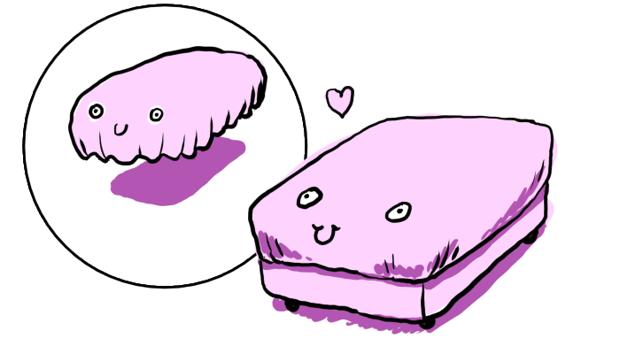Two drawings. The first is in an inset circle and shows a fitted sheet as a smiling scalloped creature with limb-like appendages ready for hugging. The second drawing shows the same sheet on a bed with a heart floating above it to show how happy it is to be fitted to a mattress.