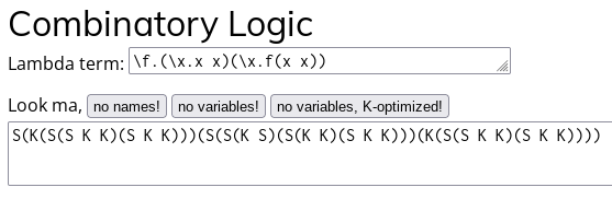 screenshot from the aforementioned calculator with buttons 'Look ma, no names, no variables, and no variables K-optimized!
