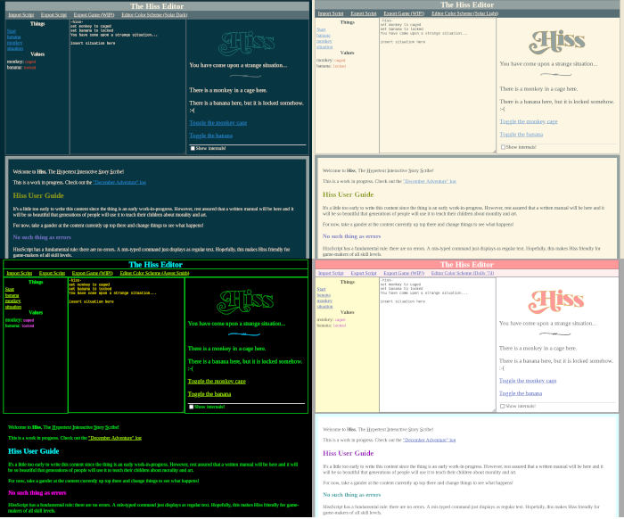Screenshot of the four color schemes in clockwise order: Solar Dark