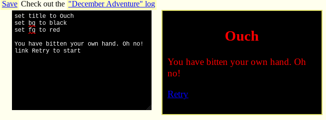 Screenshot two panels. Left one sets background and foreground colors (black and red). Right is displaying game content in those colors.