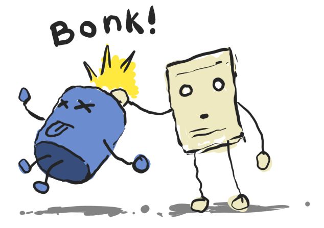 a drawing by the author made in Krita of a text file bonking a database over the top of the head