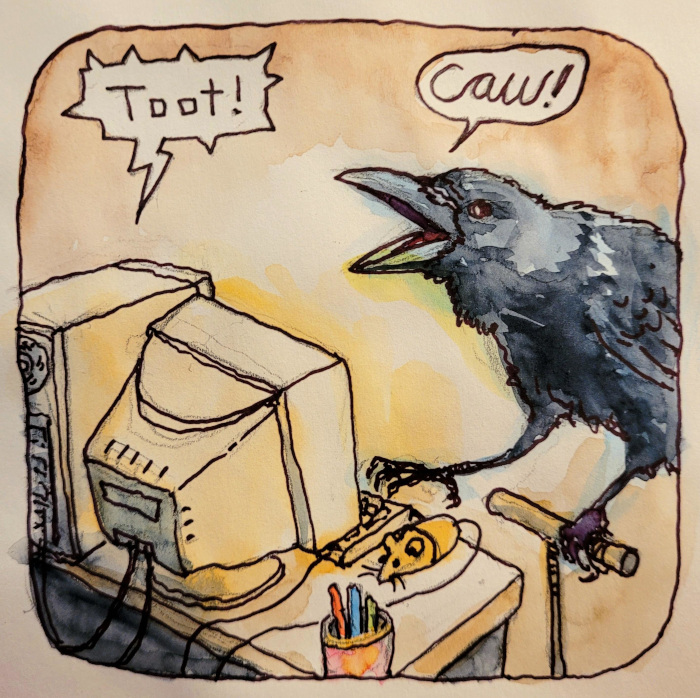 Drawing of a crow sitting at a late 1990s era PC with a CRT monitor. The computer says
