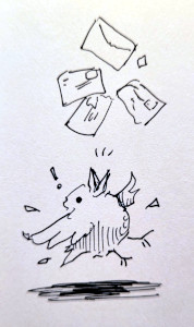 A drawing of a bird being startled by falling postal letters