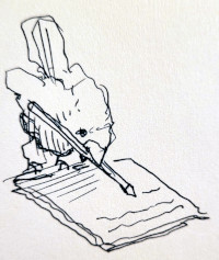 A drawing of a bird holding a pen in beak and writing a letter.