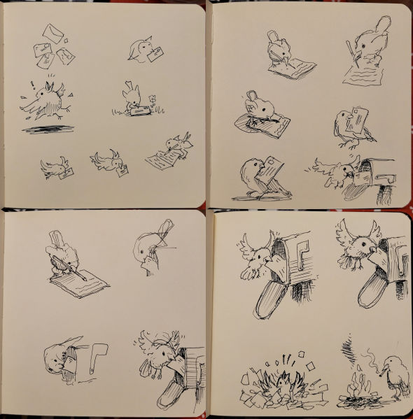 Four sketchbook pages with the bird drawings.