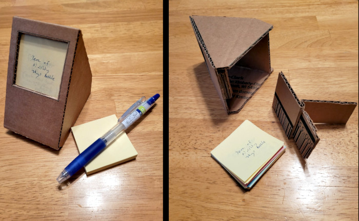 The project stack display - it looks kind of like a mini computer display with a little clear screen just big enough to show a mini Post-It note. Shown open and closed.