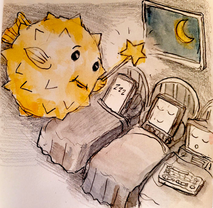 pencil and watercolor sketchbook drawing of Puffy the OpenBSD mascot putting computer devices to sleep