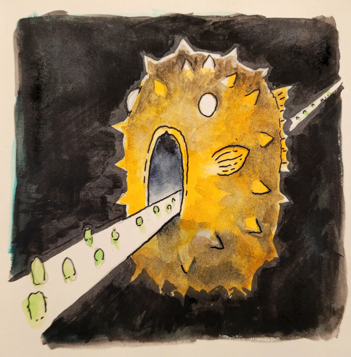 watercolor of puffy the fearsome openbsd mascot guarding a pathway that enters its open mouth