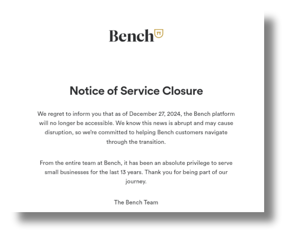 screenshot of bench.co website showing message